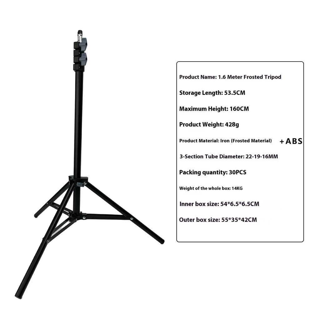 Frosted tripod light floor stand with mobile phone holder attached, carbon steel construction