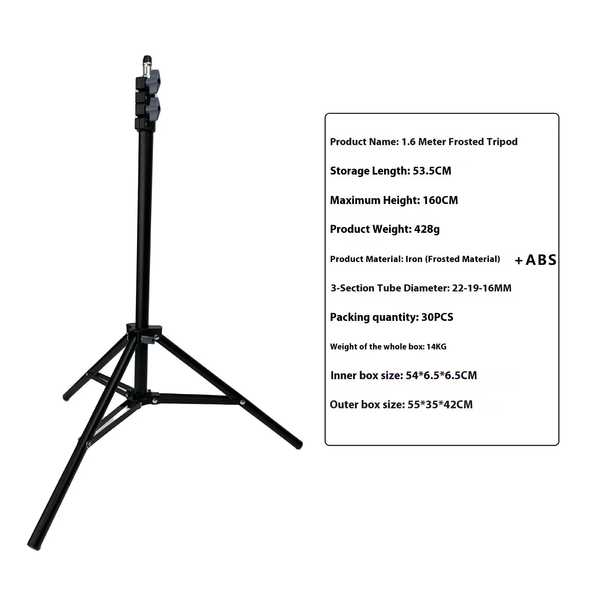 Frosted tripod light floor stand with mobile phone holder attached, carbon steel construction