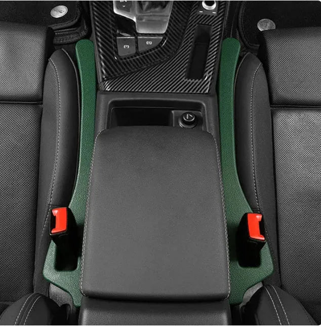 A pair of flexible polyurethane car seat gap filler rods shown in available colours: black, brown, red, beige, and green.
