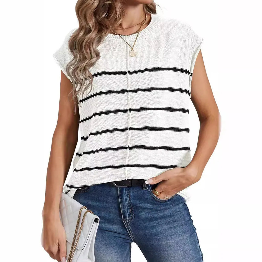 Women's striped sleeveless pullover top in acrylic knit, shown in multiple colour options.