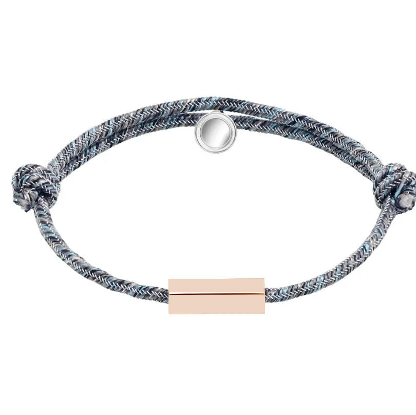 Pair of stainless steel magnetic couples bracelets with silver and rose gold finish, adjustable rope length