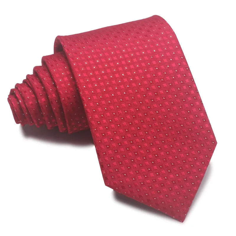 Men's 8cm polyester jacquard striped business tie in red black and blue formal arrow type