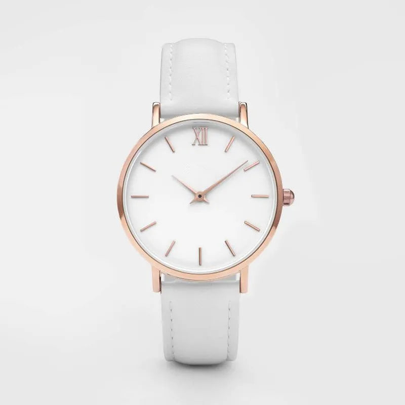 Square-faced quartz watch with a PU leather strap showing colour options on a white background.