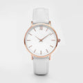 Square-faced quartz watch with a PU leather strap showing colour options on a white background.