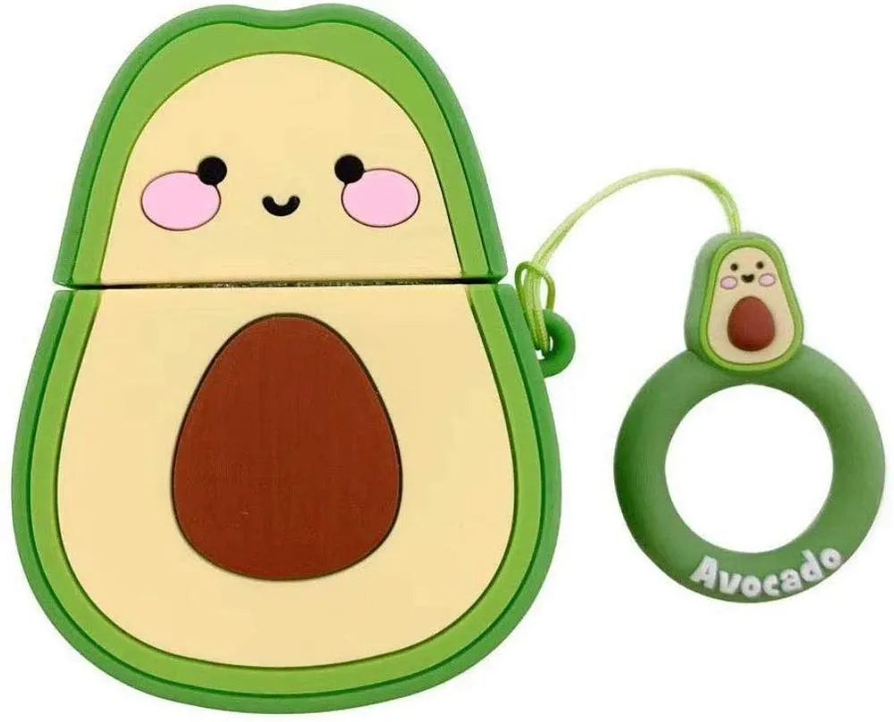 Silicone protective case for AirPods with cartoon animal designs including avocado and black cat styles