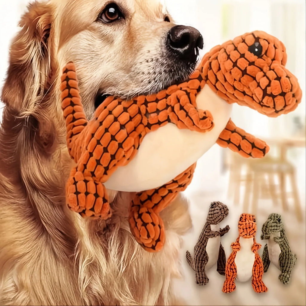 Grey, green, and orange dog sound toy resistant to bites and grinding teeth, measuring 35cm long.