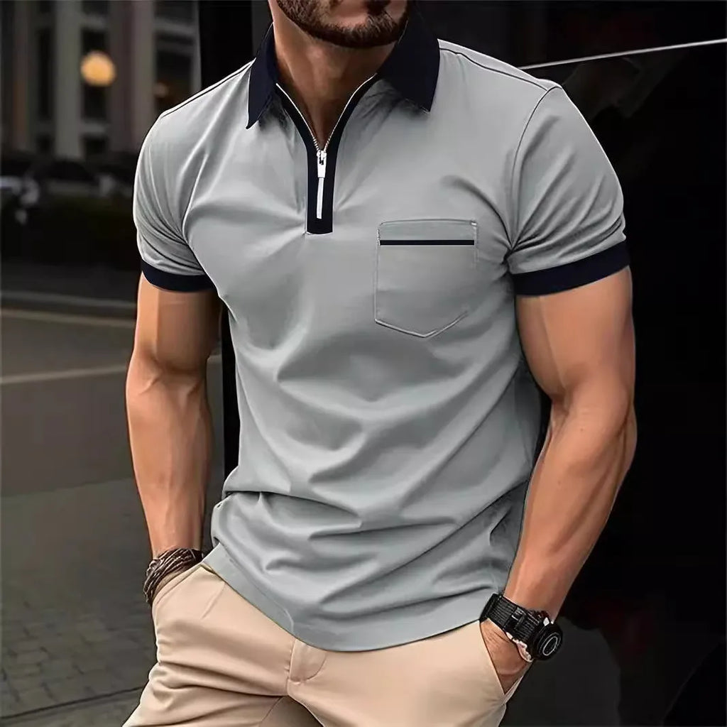 Men's loose fit casual short sleeve shirt with chest pocket and zipper decoration