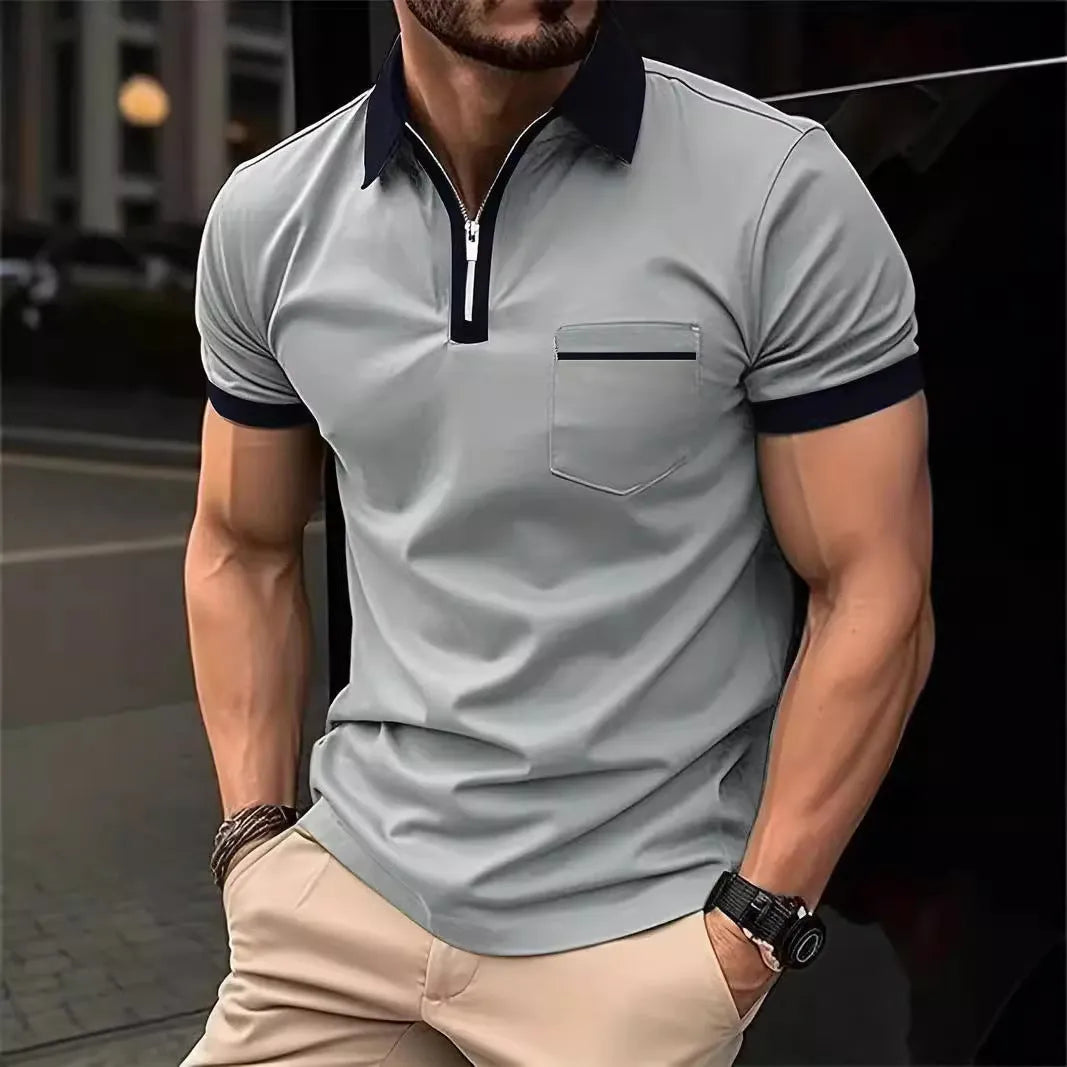 Men's loose fit casual short sleeve shirt with chest pocket and zipper decoration