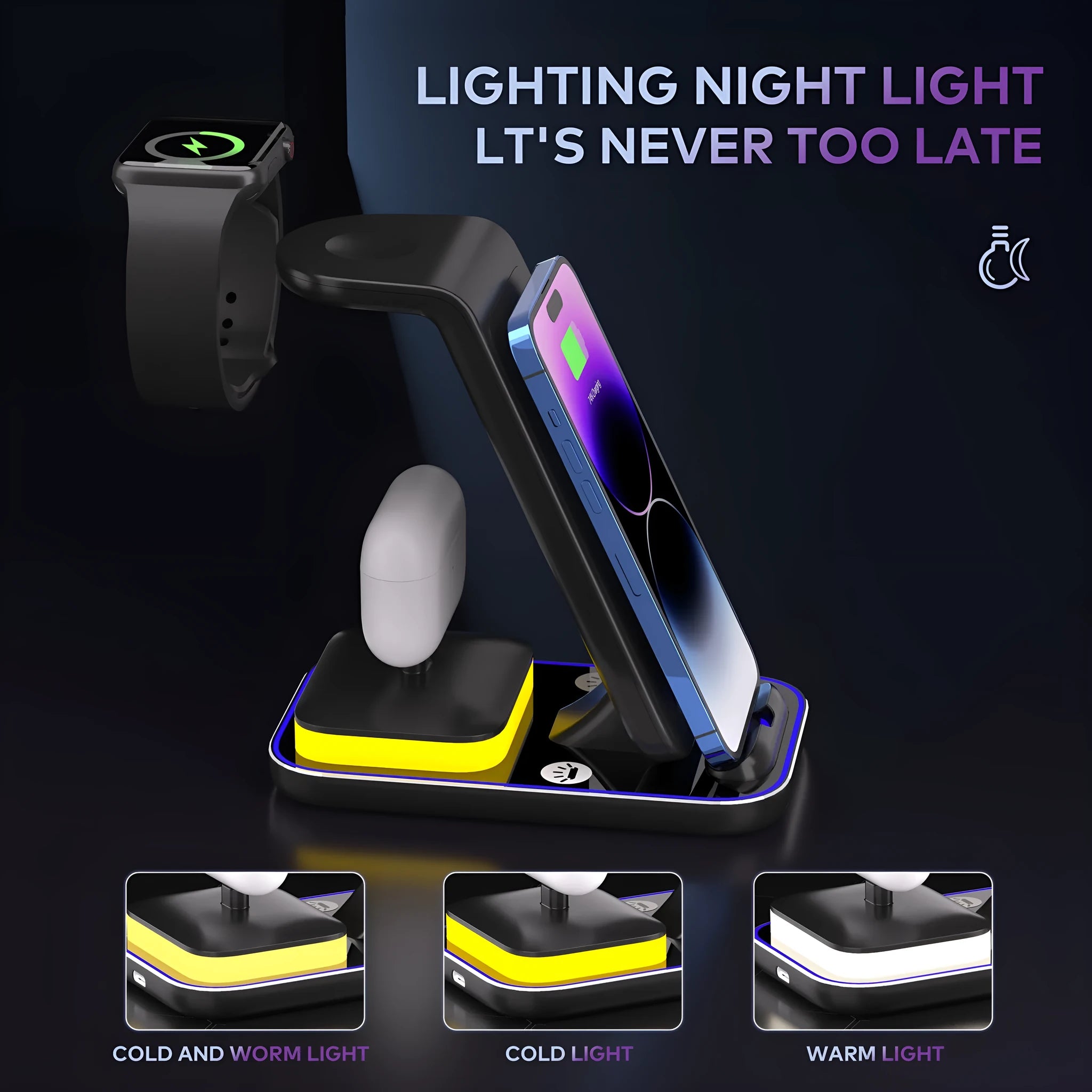 Black vertical wireless charging stand with phone, watch, and headset charging simultaneously