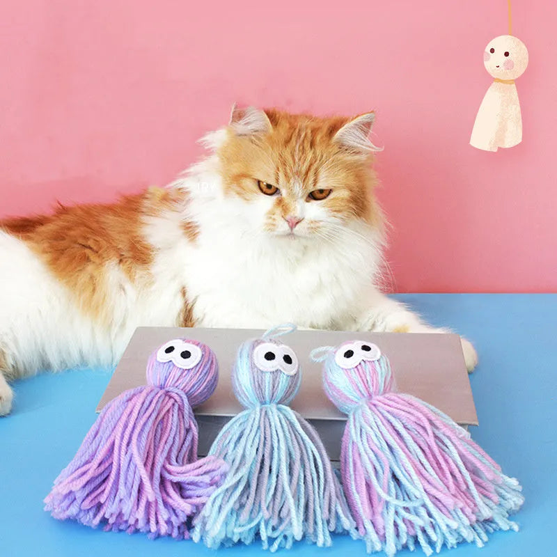 Set of four wool cat balls and teaser stick in blue-gray colour combination