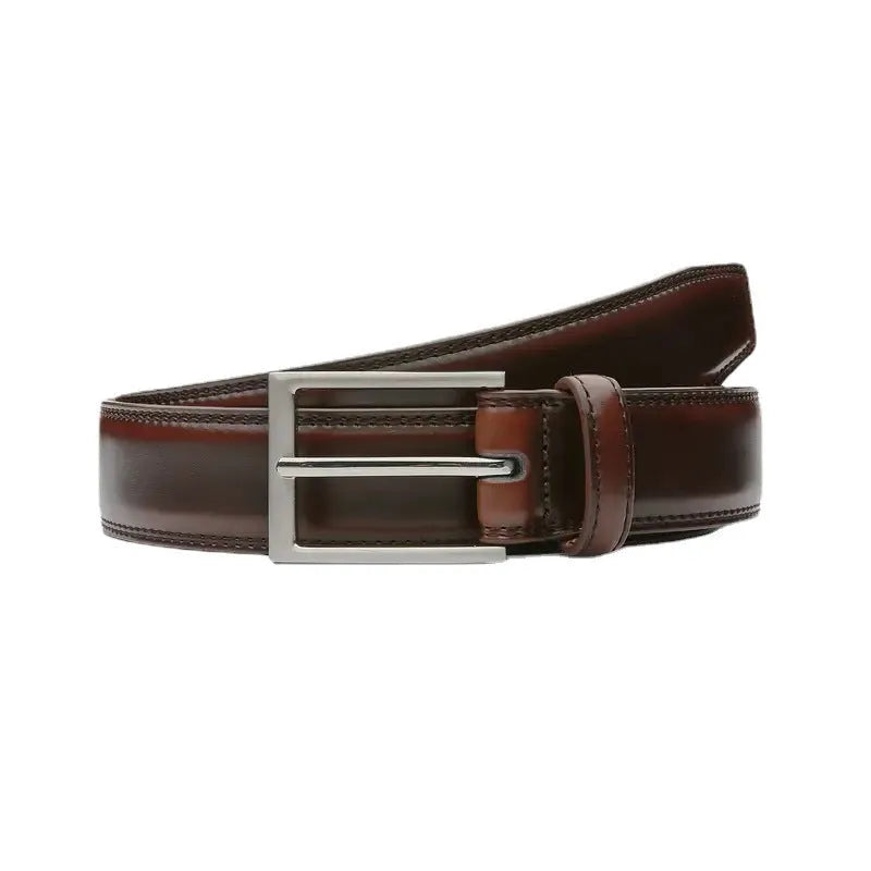 Men's brown genuine leather belt with alloy buckle showing 95 pattern grain, laid flat to display length.