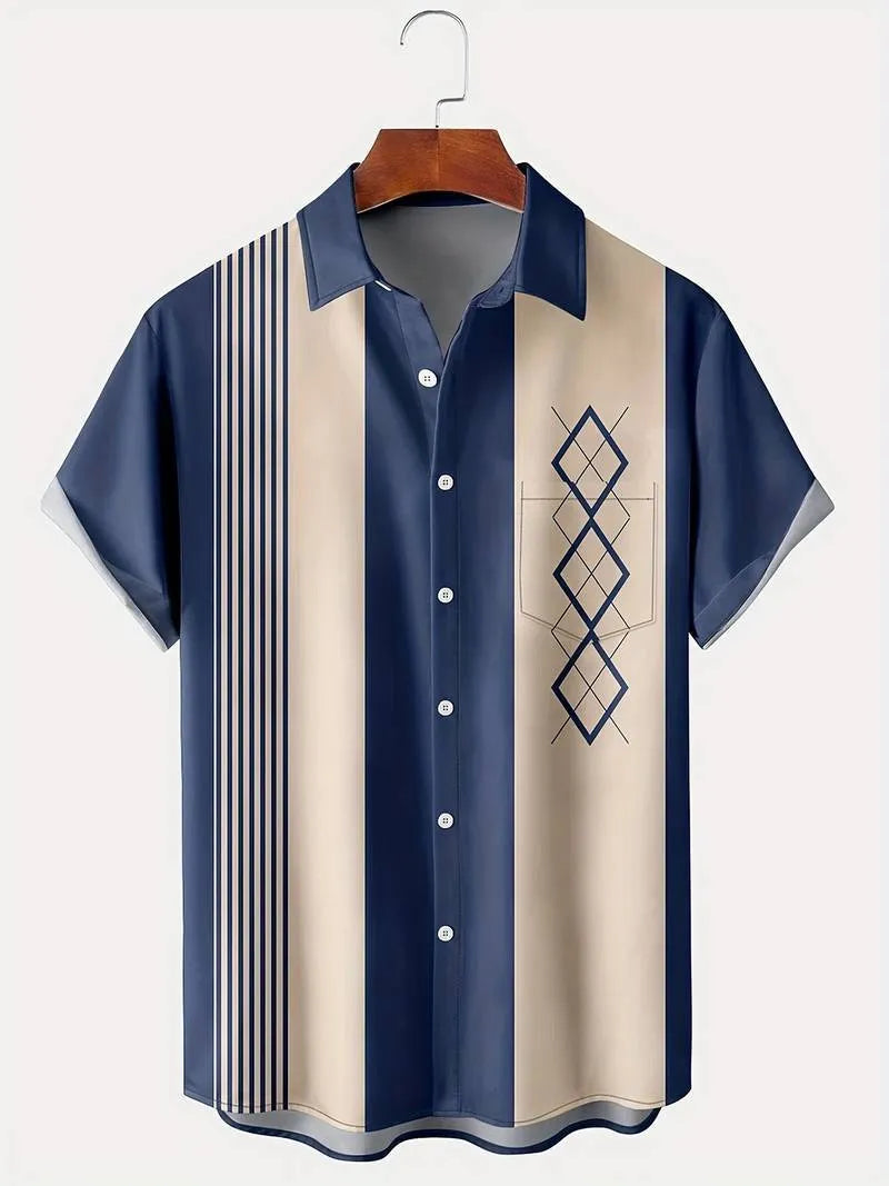 Men's loose plaid short-sleeve shirt with lapel collar on a hanger