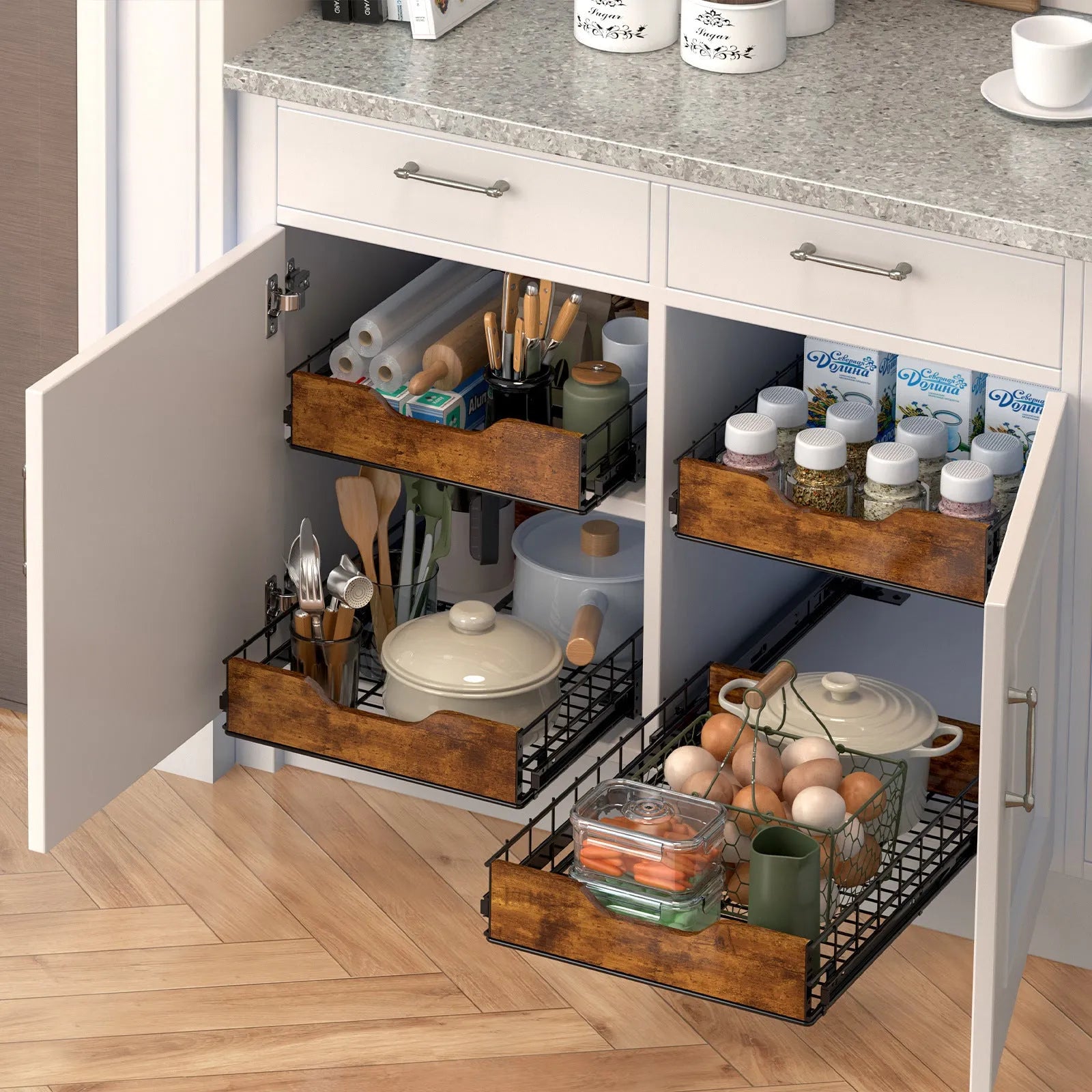 Black household storage rack with pull basket drawers, made from wood and iron.