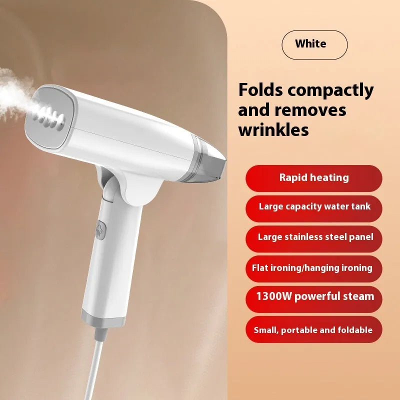 Blue handheld garment steamer with mechanical controls and hanging function