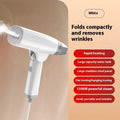 Blue handheld garment steamer with mechanical controls and hanging function