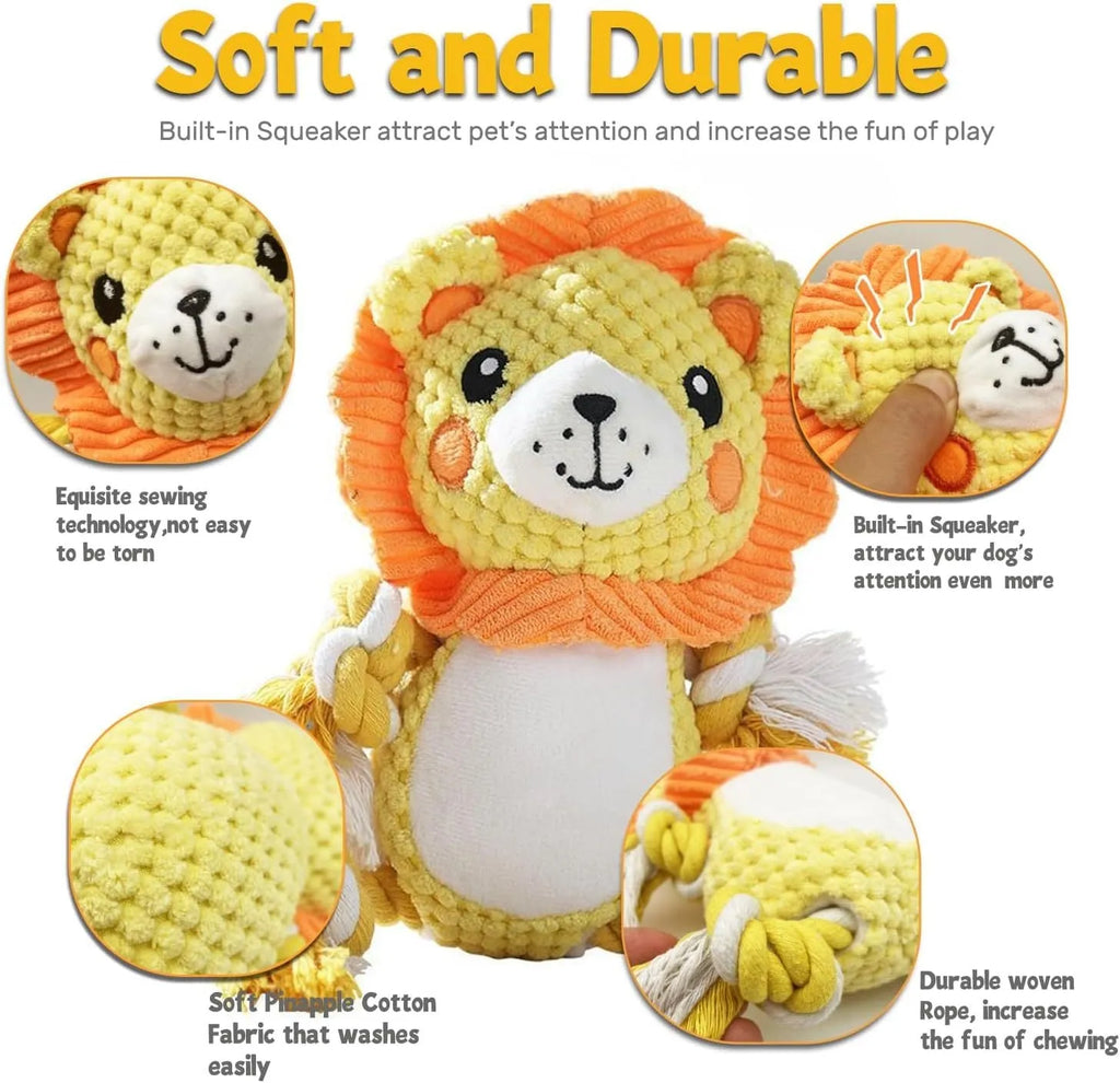 Lion and monkey plush squeaky dog toys bundle for medium and large breed dogs