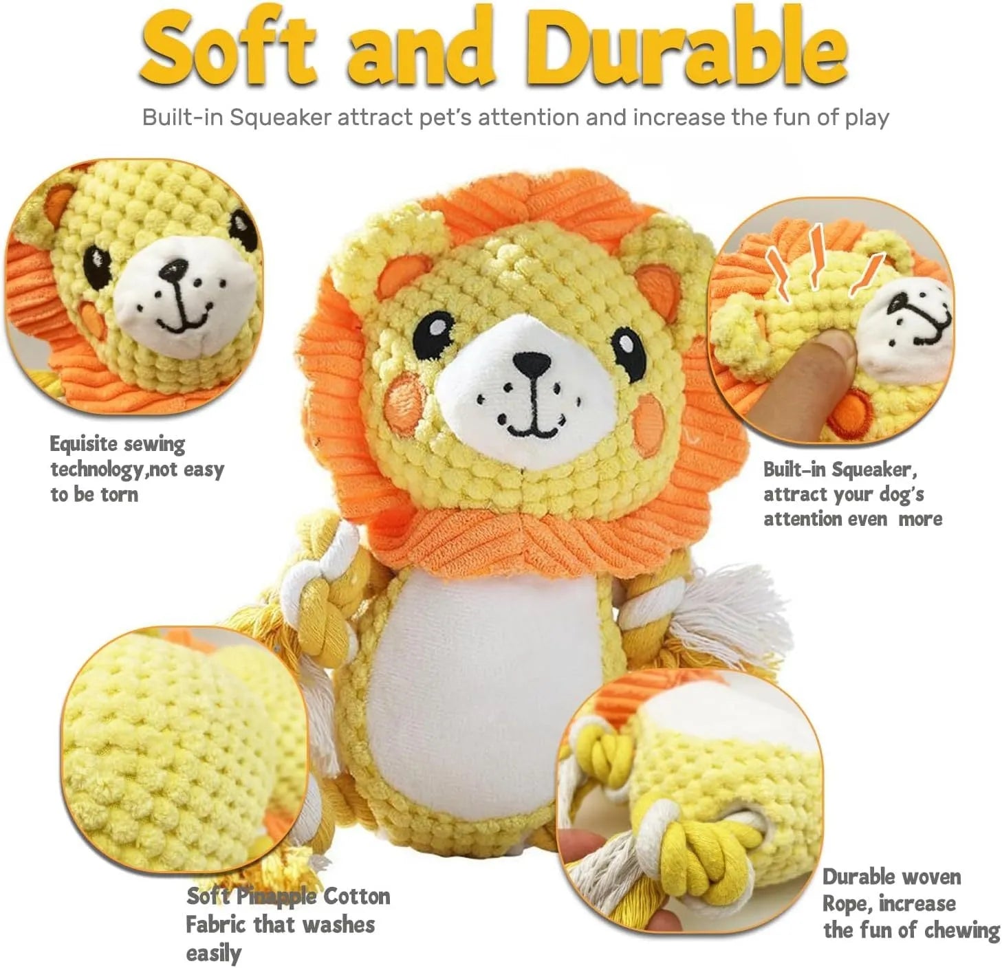 Lion and monkey plush squeaky dog toys bundle for medium and large breed dogs
