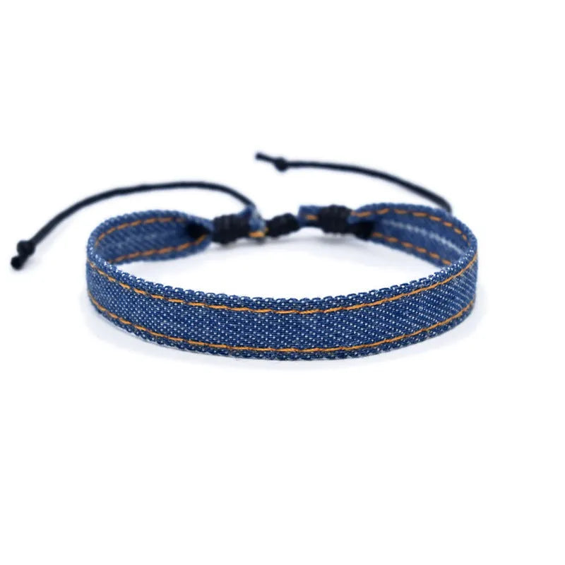 National style denim fabric bracelet carrying strap with mixed material construction for unisex travel and memorial use