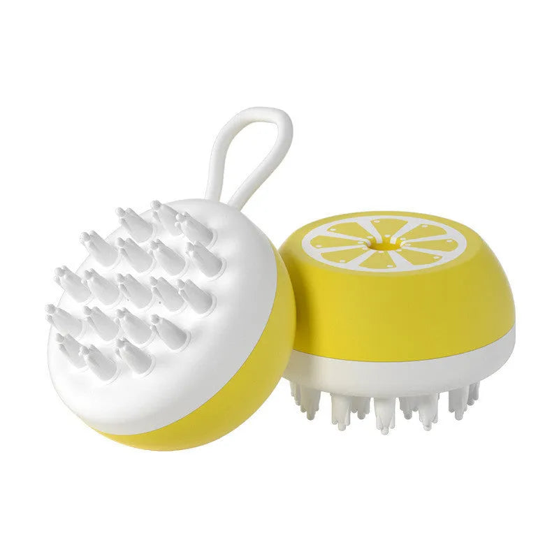 Yellow silicone pet bath brush with massage head and comb functions for dog grooming