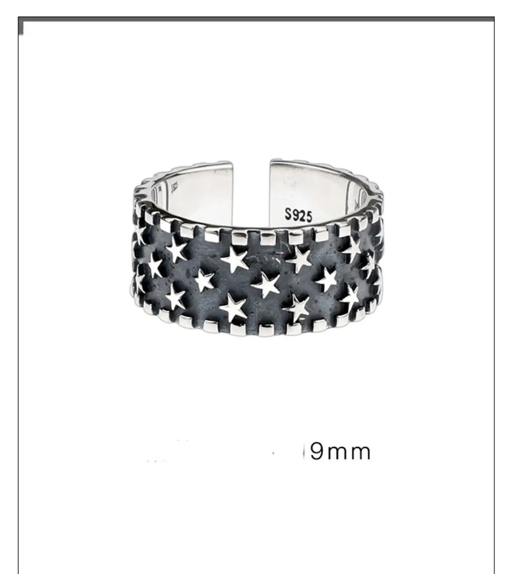 Five pointed star geometric ring made from 925 silver with an adjustable open band.