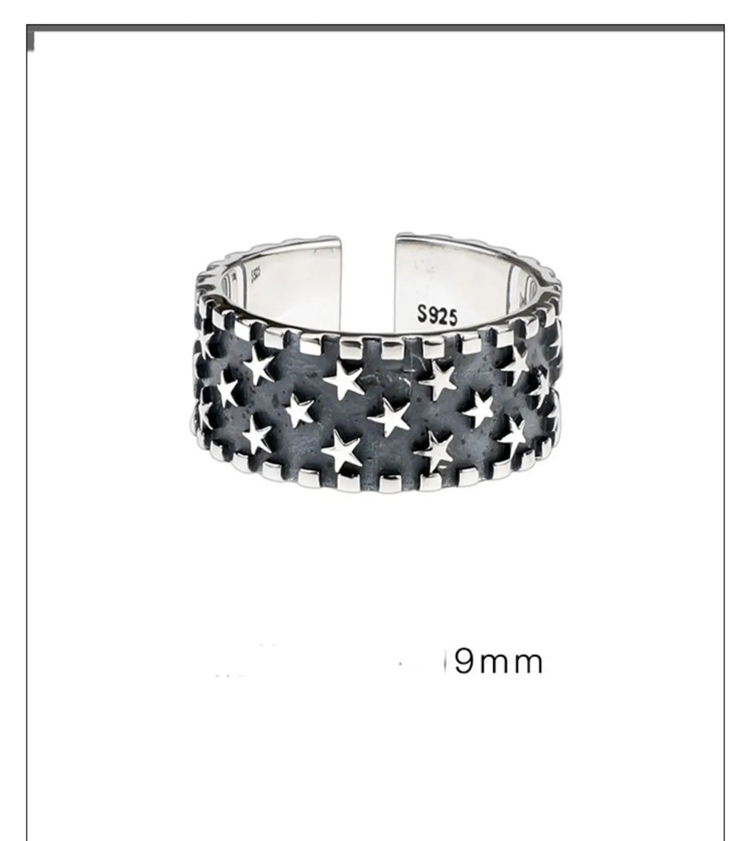 Five pointed star geometric ring made from 925 silver with an adjustable open band.