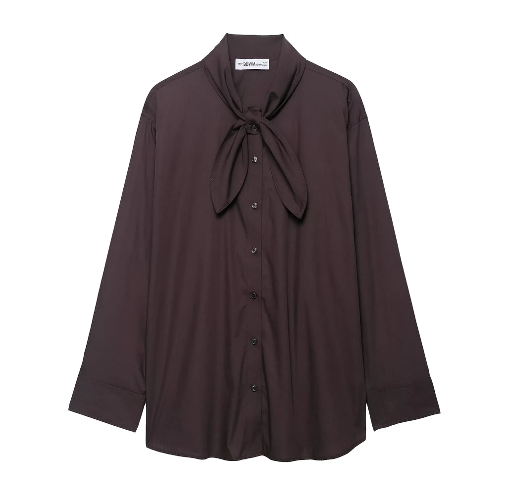 Brown women's poplin shirt with bow tie scarf detail and long sleeves