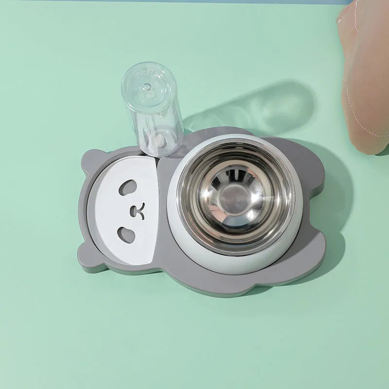 Panda-shaped pet feeder with tilted raised bowls and automatic water dispenser bottle