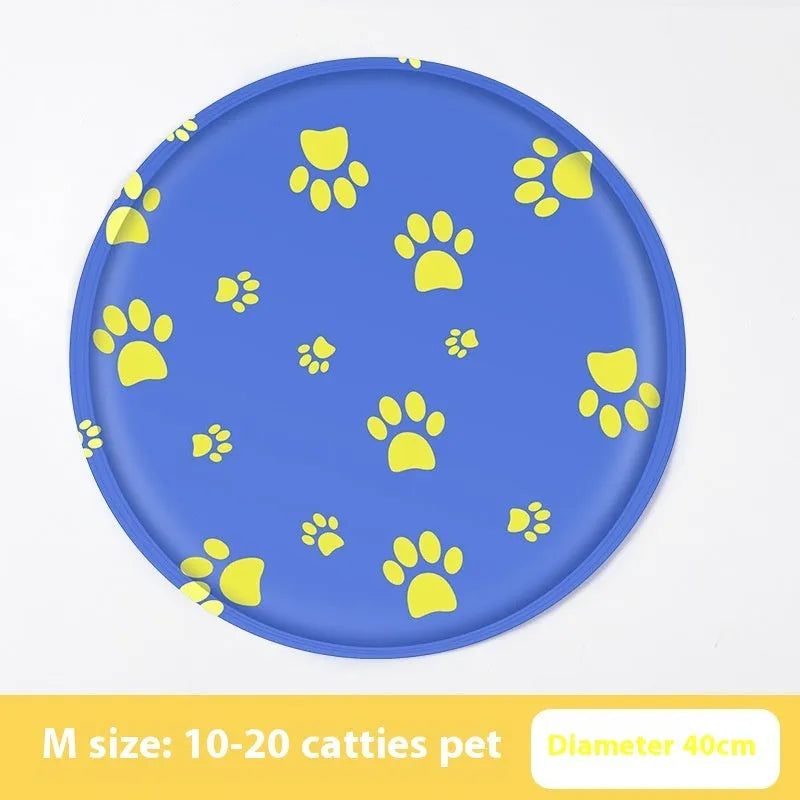 Round gel cooling mat for dogs in blue paw print cartoon design on a beige background