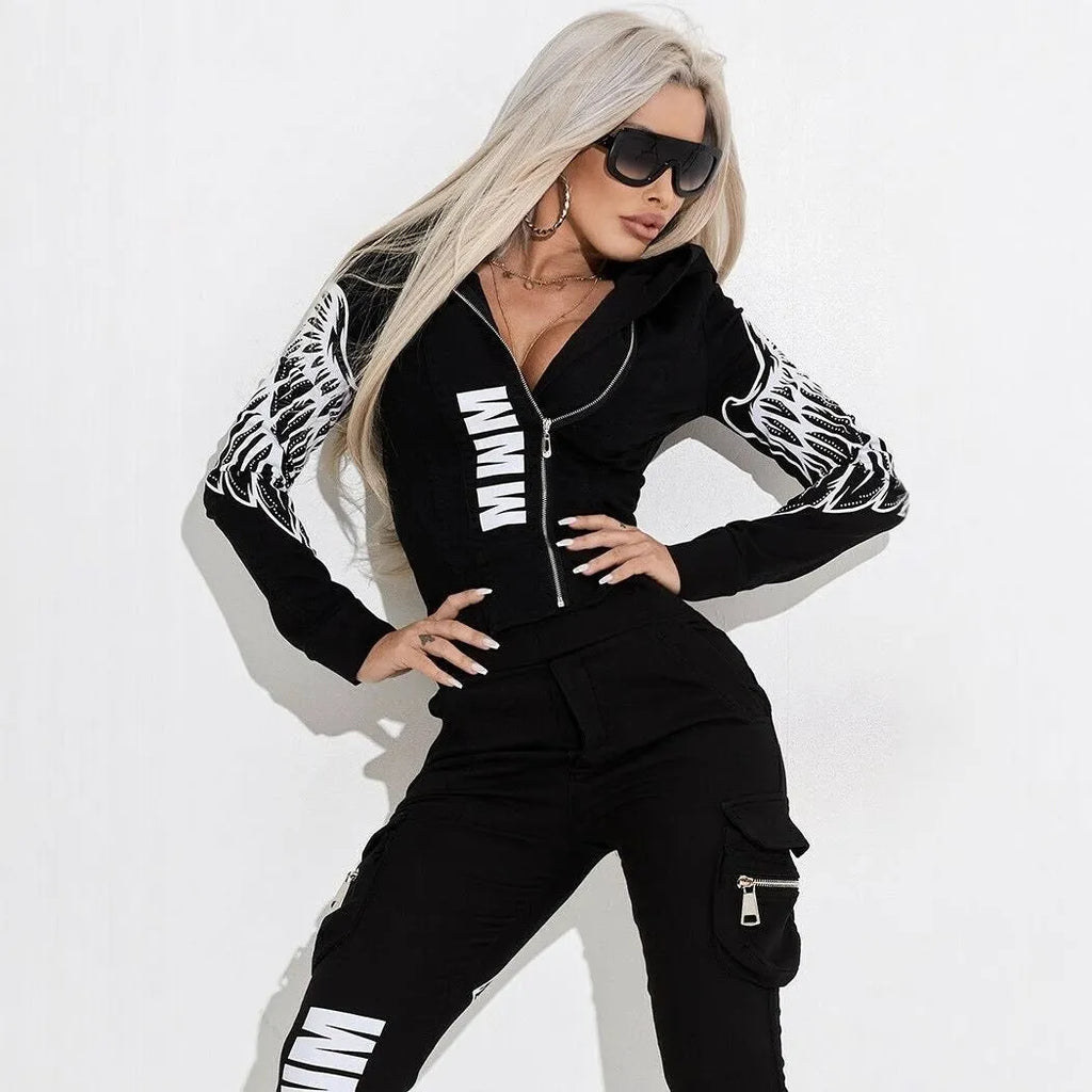 Women's black wings print casual suit set with zippered hooded top and matching trousers