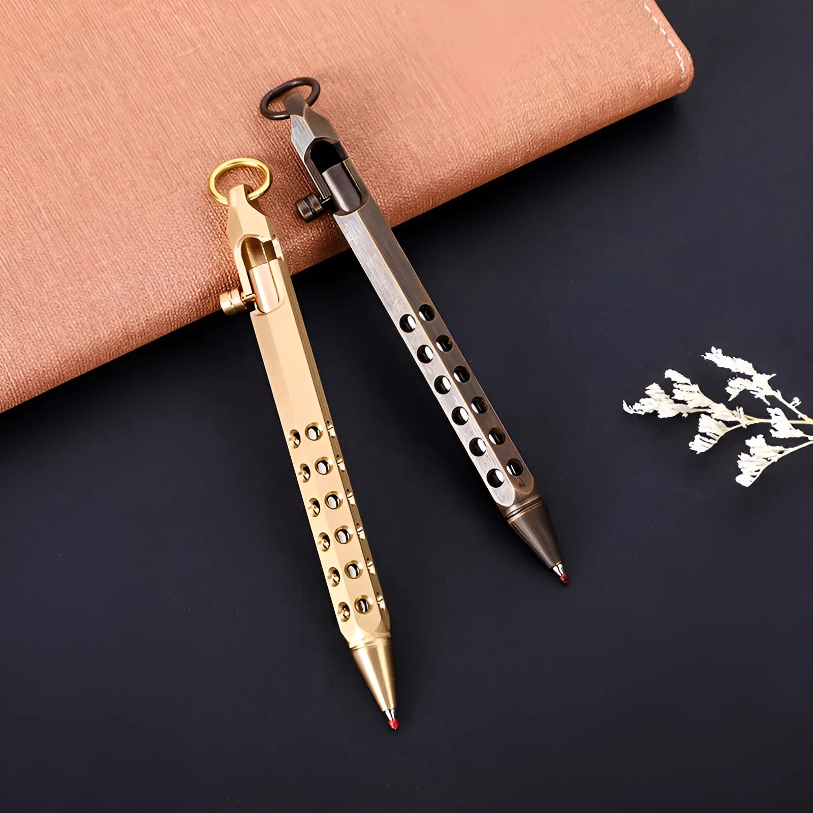 Brass hexagon bolt pen with six-angle design and 0.5mm tip, shown with brass natural and retro black ink options.