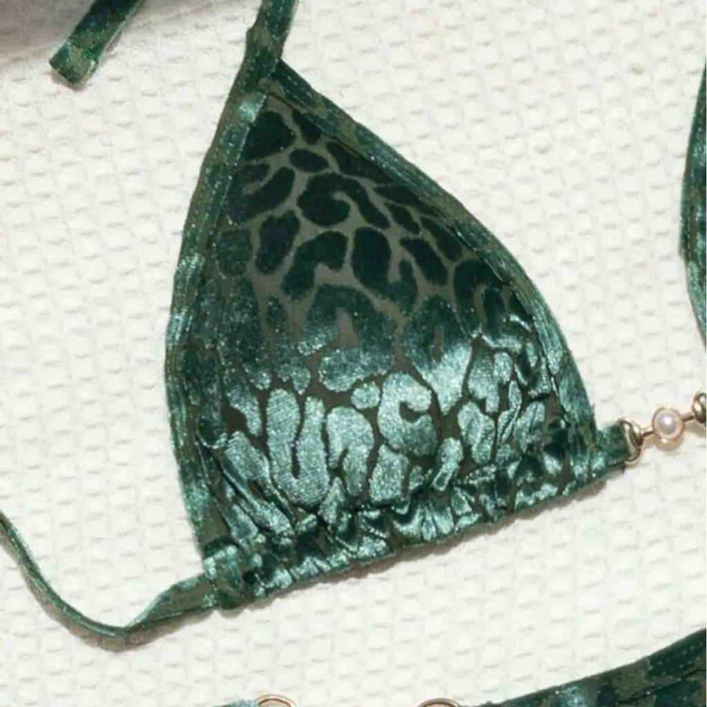 Women's leopard print bikini set with T-back design in multiple colour variations