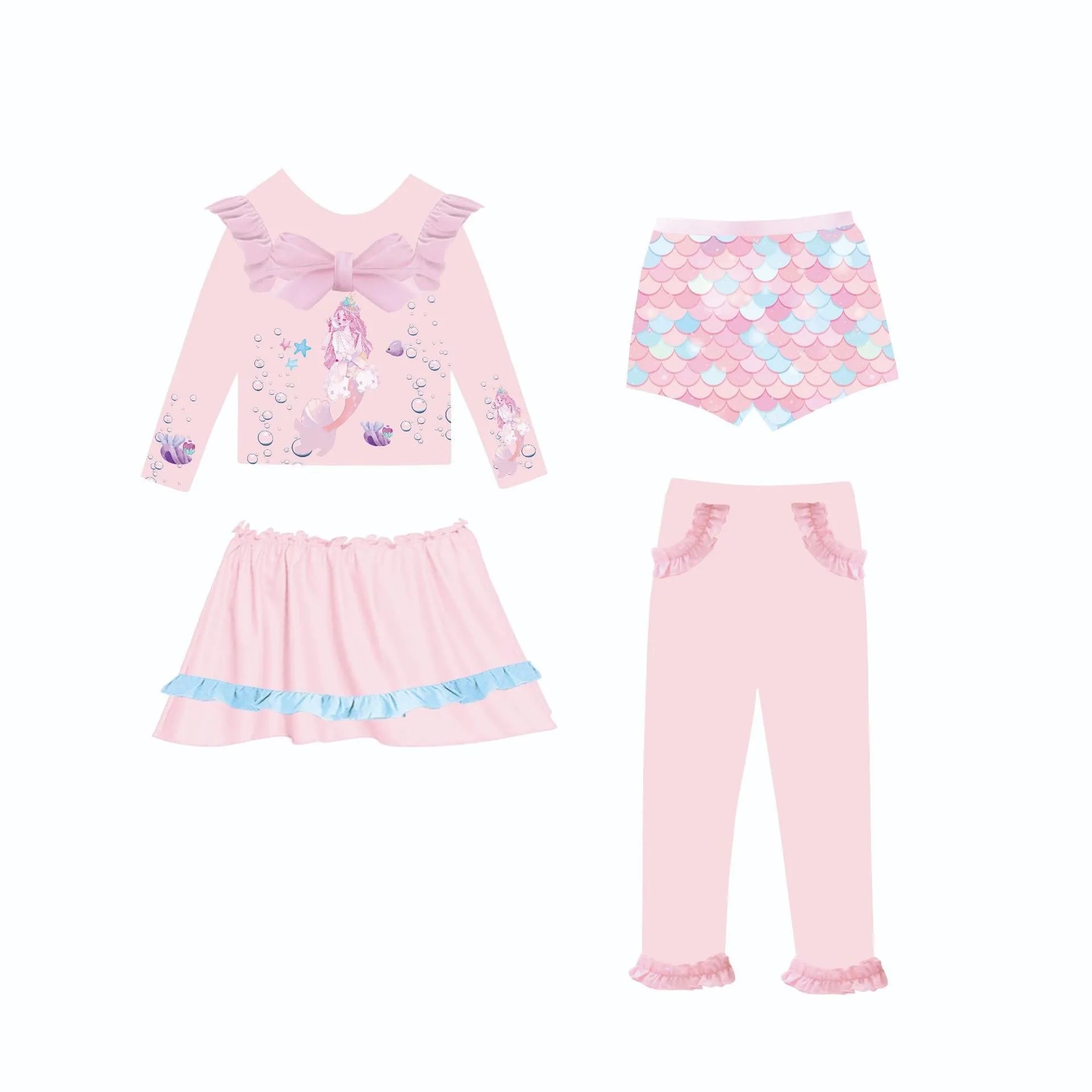 Girl's four-piece gilded mermaid swimsuit set in Baby's Ocean colour.