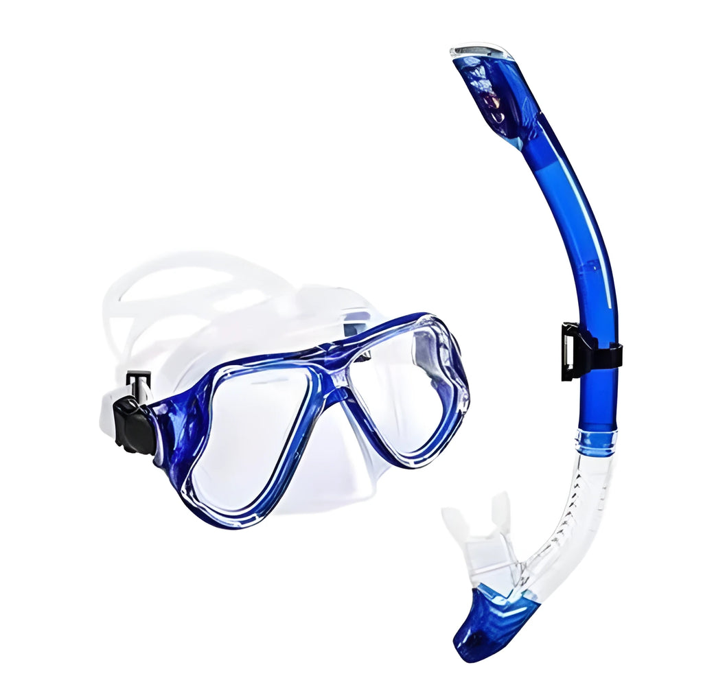 Snorkelling goggles with anti-fog lens, PC frame, and adjustable silicone strap in blue colour
