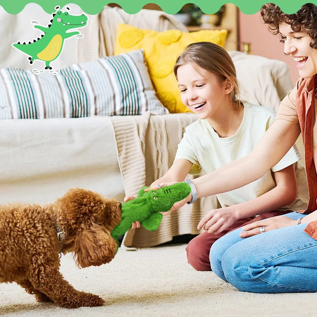 Green plush crocodile dog toy with no stuffing, for aggressive chewers.