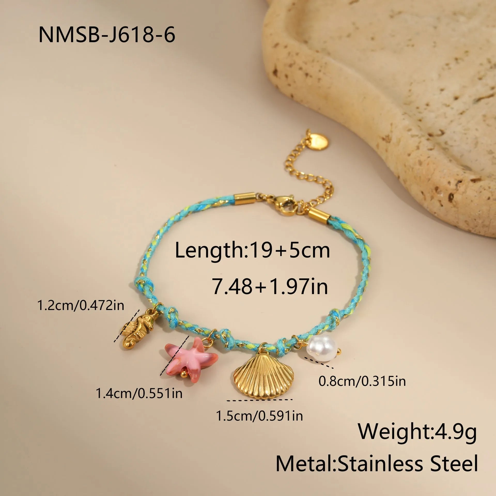 Handmade braided rope necklace or bracelet with stainless steel chain and geometric pendant in 18K titanium steel finish