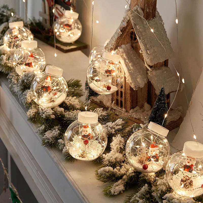 LED Christmas curtain light string with 10 decorative PVC lamp balls showing fairy, snowman, and wishing ball designs.
