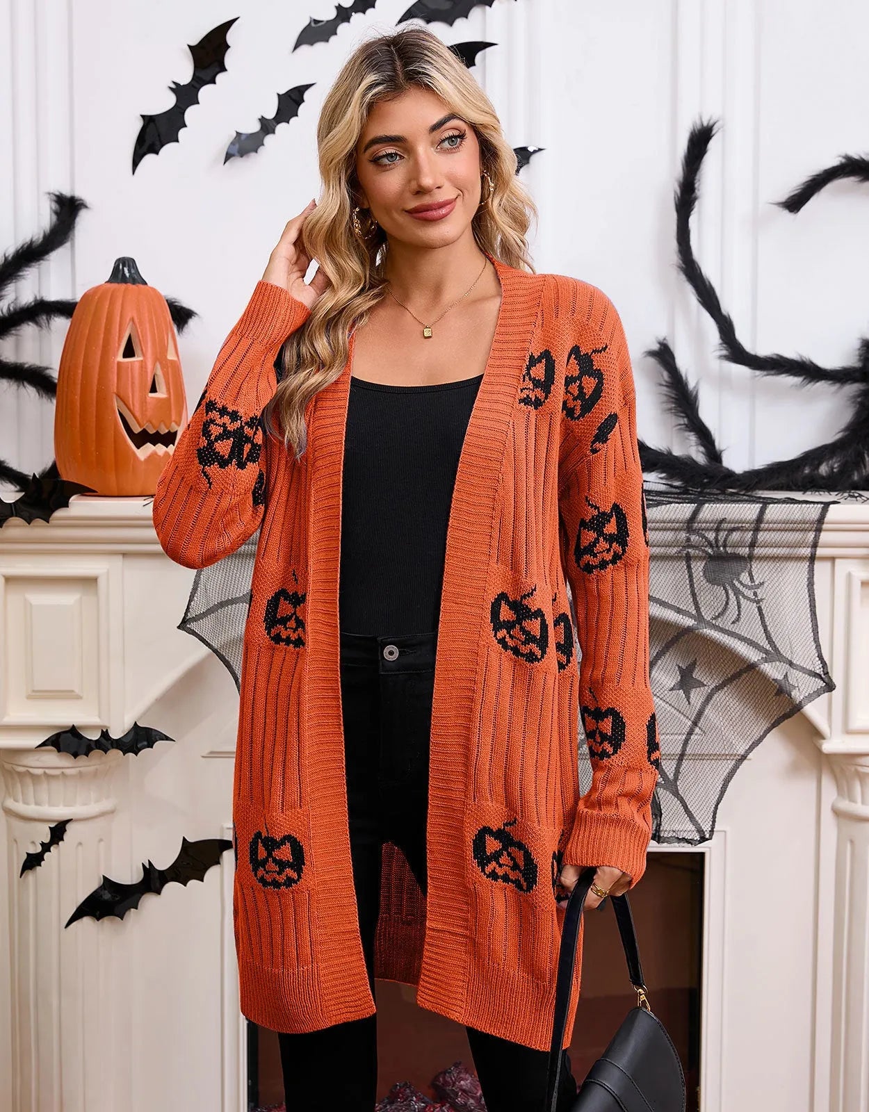 Women's black Halloween pumpkin head jacquard knitted cardigan coat with straight cut