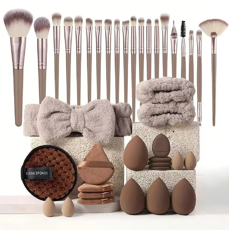 Beauty tools combination set with hydrophilic non-latex face wash and makeup tools in brown, pink, and purple colours