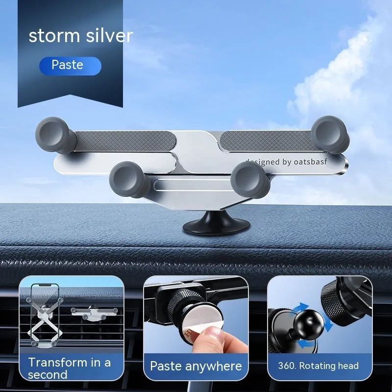 Invisible aluminum alloy car mobile phone holder showing knob air vent clip and adhesive paste mounting options.