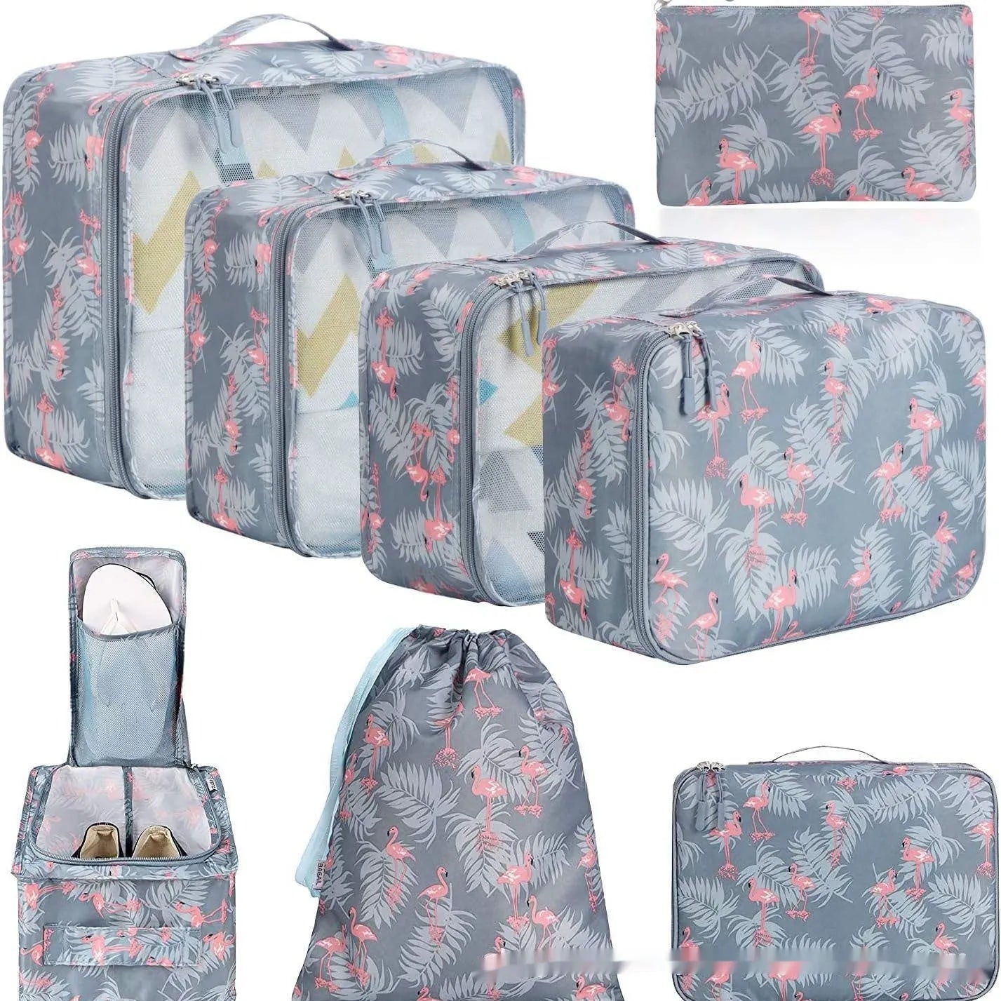 Set of eight PP packing cubes in various colours including beige, black, pink, and leopard print for travel organisation.