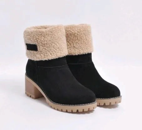 Women's suede mid-calf snow boots in multiple colours with a flat heel and round toe.