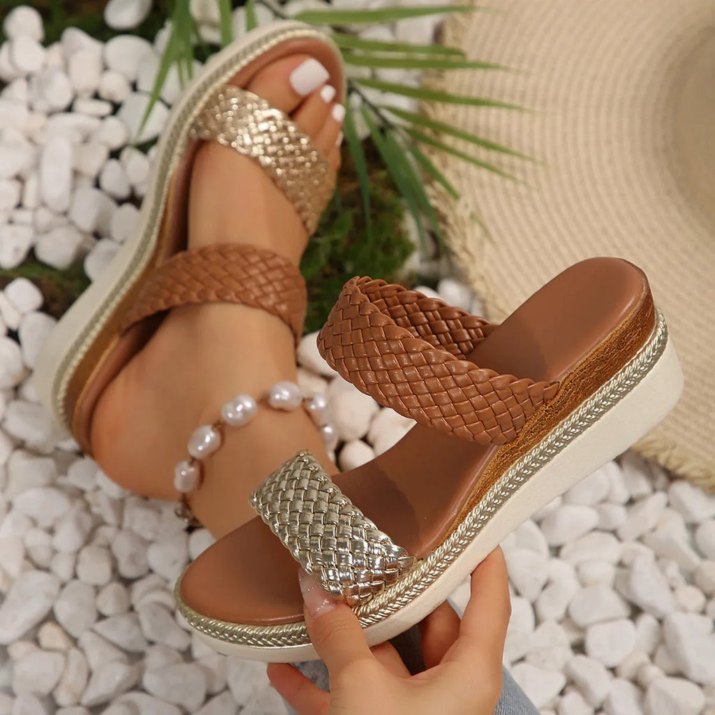 Gold and silver plus size wedge sandals for women showing PU upper and rubber sole