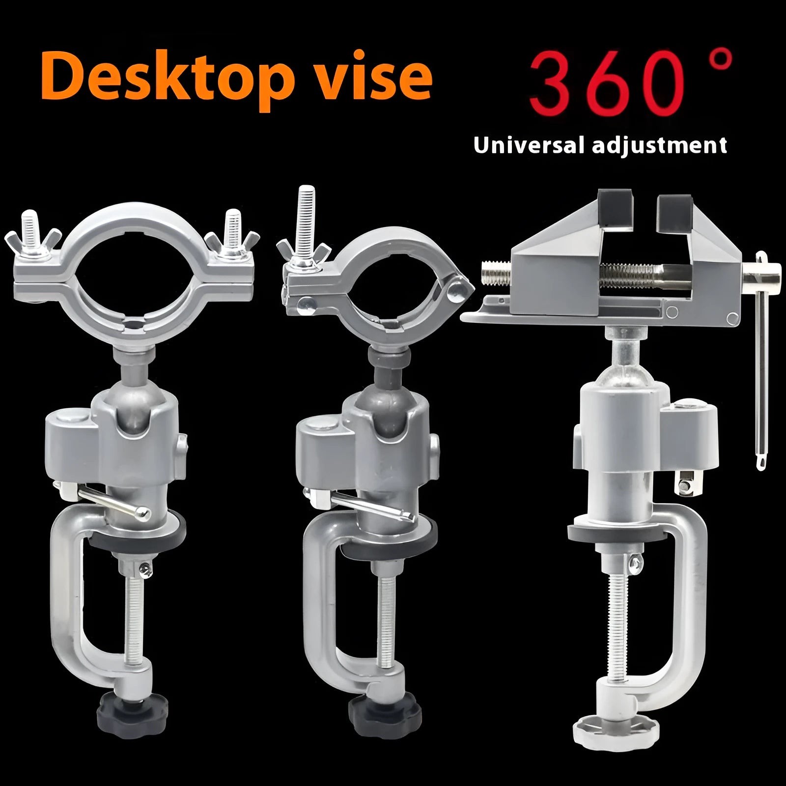 Clamp-on bench vise with 360-degree rotating tungsten steel jaws on bracket mount
