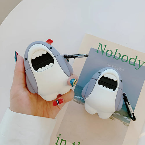 Silicone protective skin cover on a pair of white Apple AirPods 1 or 2 wireless earbuds.