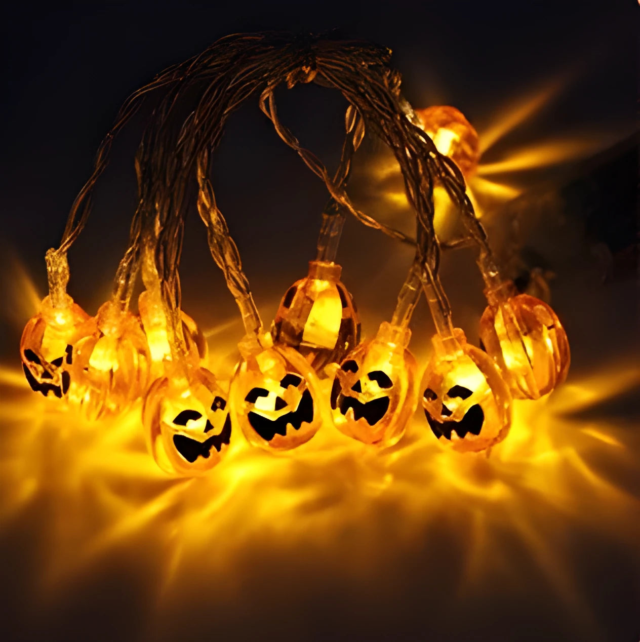 Halloween LED string lights with pumpkin, bat and ghost pendants on 1.2 metre white cable