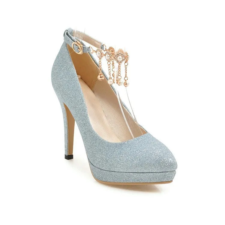 Women's platform high heels with stiletto heel in blue colour showing pointed toe and fabric upper