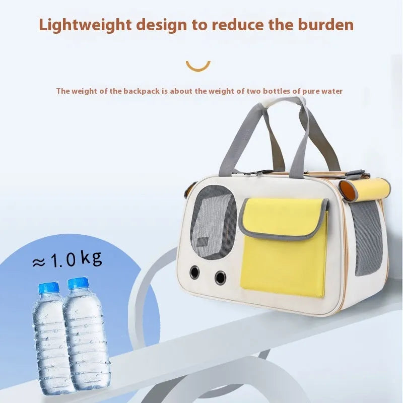 Yellow foldable canvas pet carrier backpack for cats and dogs with a single shoulder strap.