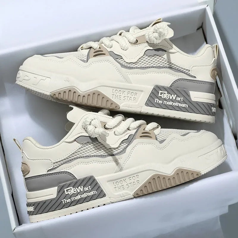 Men's low-top board shoes with soft rubber soles in beige, white and black, and white and yellow colour options