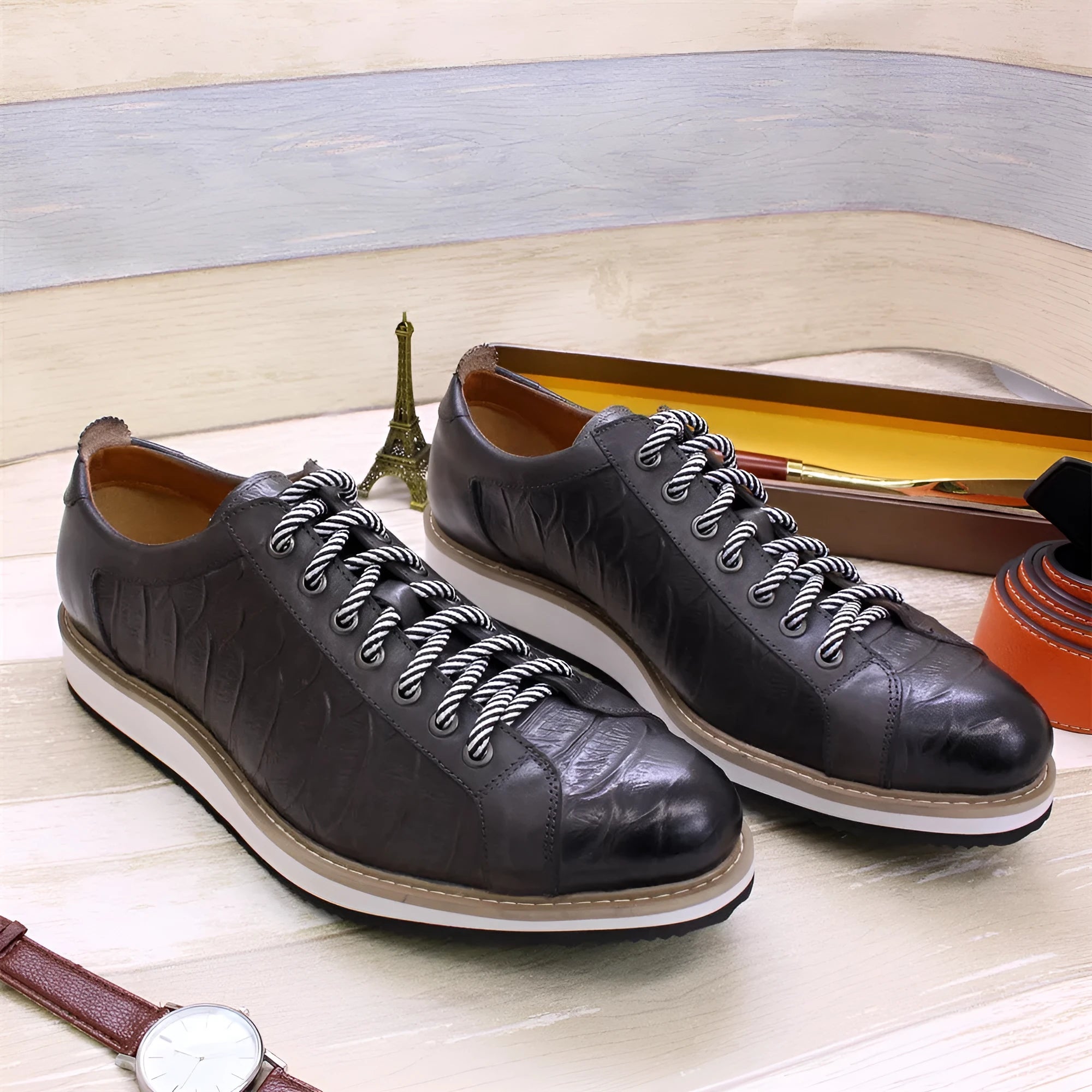 Men's low tube handmade shoes with embossed pattern and front tie closure in black green white and grey