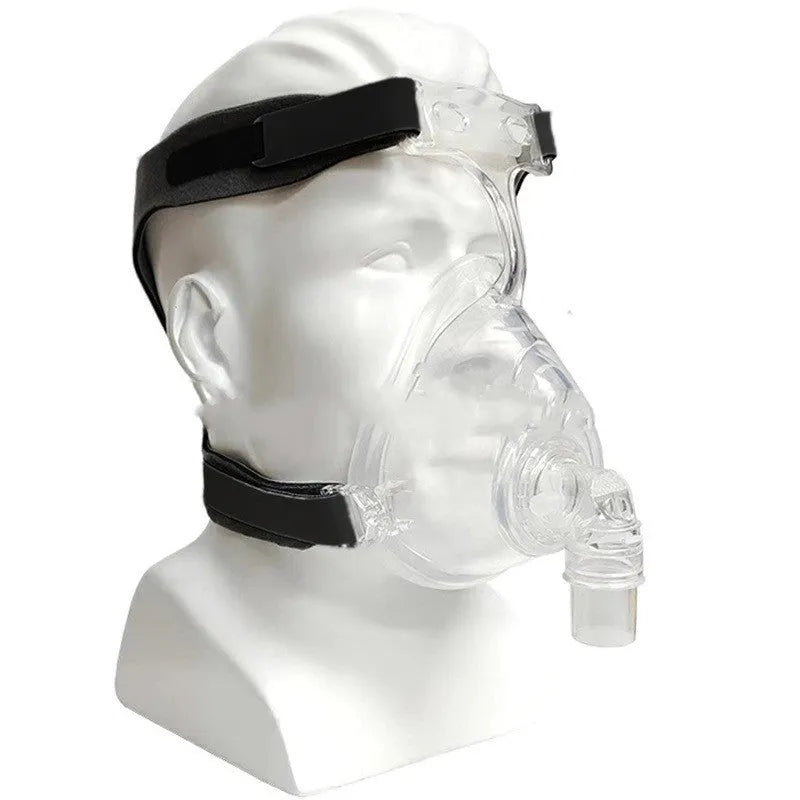 Transparent CPAP breathing mask with silicone construction and PC headgear for ventilator connection